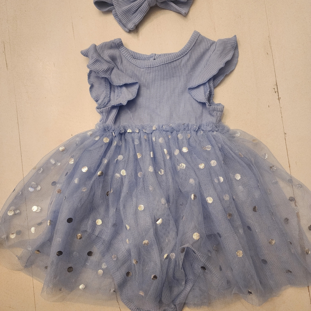 Madison Layne Light Blue With Silver Polka Dots Baby Dress